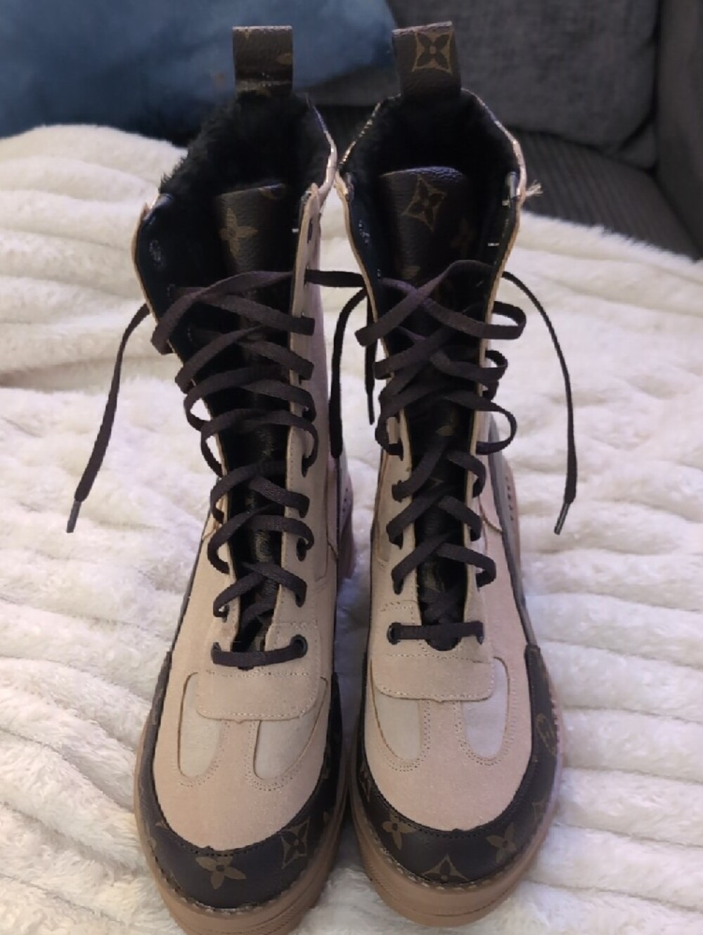 Beige and Brown Lace-Up Combat Boots with Monogram Accent - Picture 3 of 5
